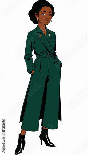 Stylish Woman in Elegant Dark Green Jumpsuit with Belt and Black Boots Striking a Confident Pose with Hands in Pockets