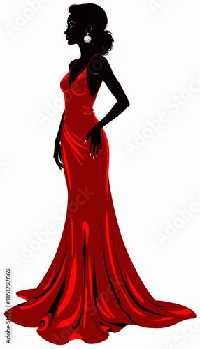 Elegant Silhouette of a Woman in a Flowing Red Evening Gown Exhibiting Sophistication and Timeless Style with Classic Hair and Statement Jewelry