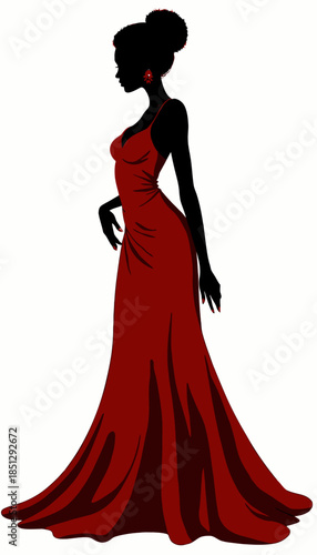 Elegant Silhouette of a Woman in a Flowing Red Evening Gown Highlighting Grace and Sophistication with Intricate Details and Timeless Style