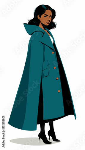 Stylish Portrait of a Woman in a Elegant Teal Coat and Black Heels Against a Minimalistic White Background