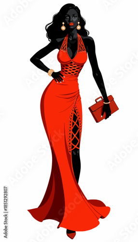 Elegant Illustration of Fashionable Woman in Striking Red Dress Holding Stylish Clutch with Sophisticated Accessories