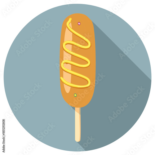 Flat design icon of a corn dog on a stick with a squiggle of yellow mustard