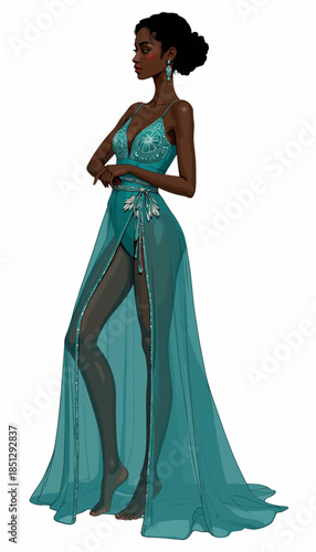 Elegant Silhouette of a Woman in Intricately Designed Sheer Teal Gown with Delicate Patterns and Flowing Fabrics Highlighting Graceful Elegance and Sophisticated Style