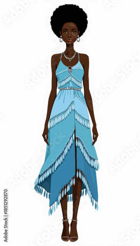 Elegant Portrait of a Woman in a Stylish Light Blue Dress with Tassels and Intricate Jewelry Showcasing Sophistication and Modern Fashion Aesthetics