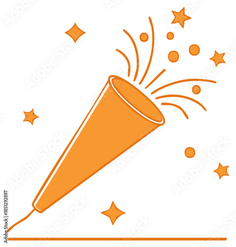 Vibrant orange celebration popper icon with confetti and stars bursting for joyful events