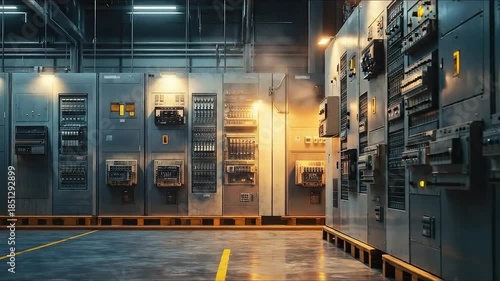Industrial control room with electrical panels and machinery