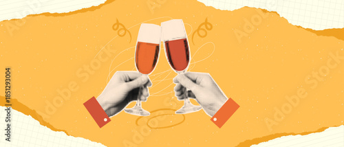Vintage halftone-style collage of two hands clinking champagne glasses on torn paper background. Perfect for New Year, celebration, or retro-themed party designs.