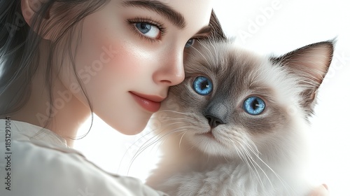A young woman tenderly holding and kissing a beautiful cat with striking blue eyes.