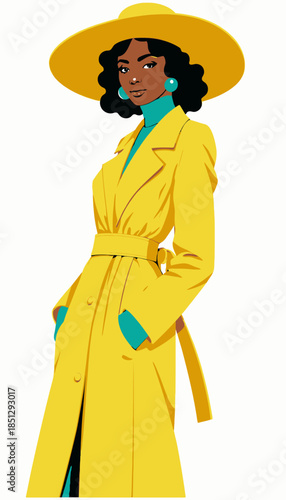 Chic Woman in Elegant Yellow Trench Coat and Wide-Brimmed Hat, Striking a Confident Pose with Exquisite Fashion Sense and Stylish Accessories Showcasing Vibrant Colors