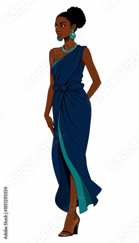 Elegant Woman in a Blue Evening Gown with Stylish Accessories and Sophisticated High Heels Capturing Timeless Grace and Fashion in an Artistic Illustration
