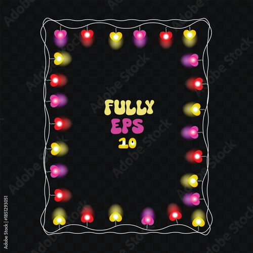 Romantic Glowing Heart String Lights Border Frame with Neon Heart-Shaped Bulbs on Transparent Background
