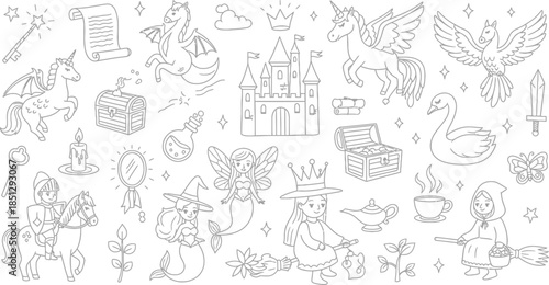 Magical fantasy elements collection with mythical creatures and symbols