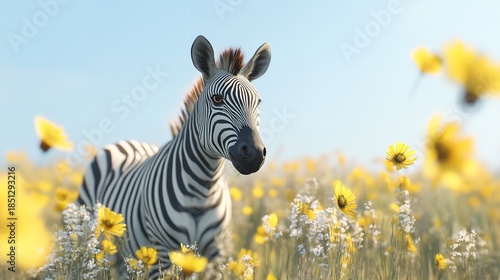 A zebra stands in a field of vibrant yellow and white flowers under a clear blue sky.