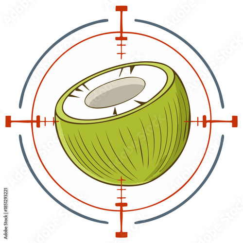 Cartoon illustration of a fresh green coconut in the crosshairs of a target scope