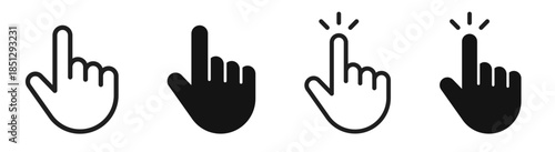 Hand pointer icon set. Clicking finger, cursor, gesture, touch. Hand click symbol on white background - stock vector.