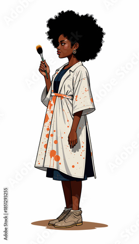 Artistic Woman Holding Paintbrush Wearing Splattered Apron with Expression of Creativity and Inspiration in Studio Setting