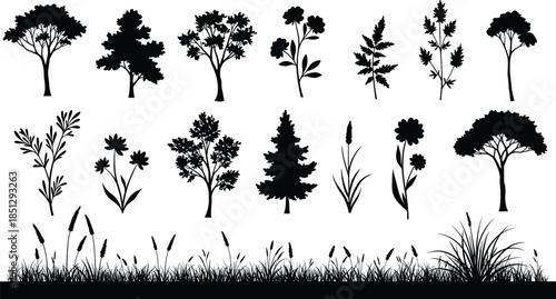 Tree silhouettes, plant shapes, grass blades, botanical elements, nature icons, foliage design, black vector, landscape assets, floral graphics, isolated vegetation