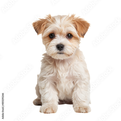 Cute Puppy Sits and Looks at the Camera in a Bright Setting With White Backgr...