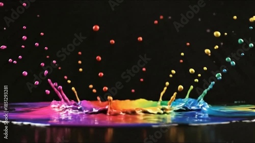 Vibrant rainbow paint splashing dynamically on black background
