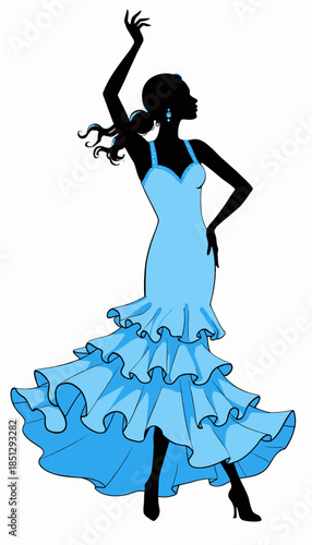 Elegant Silhouette of a Dancer in a Flowing Blue Dress Capturing Graceful Movement and Poise
