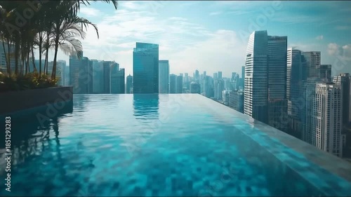 Luxurious rooftop infinity pool overlooking modern cityscape