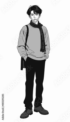 Stylish Young Man in Casual Sweater and Scarf Ensemble with Confident Posture and Trendy Backpack Accessory for Cool Weather