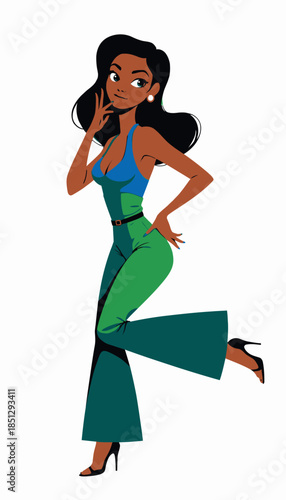 Chic Animated Woman Striking a Confident Pose in Stylish Outfit with Dark Hair and Blue-Green Attire