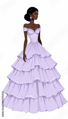 Elegant Evening Gown with Layered Ruffled Skirt and Off-Shoulder Design in Soft Lilac Hue Perfect for Formal Occasions