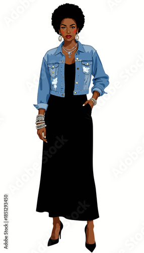 Fashionable woman in a stylish denim jacket over a long black dress, accessorized with elegant jewelry, exemplifying modern chic and timeless elegance.