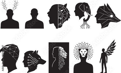 Symbolic illustrations depicting the fusion of human identity, animal characteristics, and technological evolution Vector