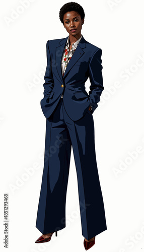 Elegant Individual in Dark Blue Suit Showcasing Confidence and Professionalism with Hands Posed in Pockets and Stylish Attire