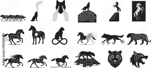 Collection of digital animal silhouettes featuring wolves, horses, and big cats with tech patterns Vector