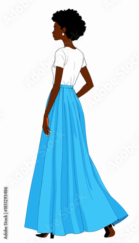 Elegant Illustration of a Woman in a Flowing Blue Skirt and White Blouse Displaying Grace and Poise from a Side Profile View