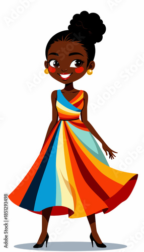 Elegant Woman in Colorful Multicolored Dress with Geometric Patterns and High Heels Displaying Confidence and Style with Updo Hairstyle and Gold Hoop Earrings