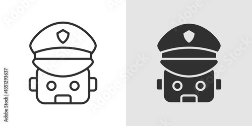 AI Robot police icon representing intelligent law enforcement, featuring a humanoid or mechanical robot with a badge or shield to symbolize automated security, monitoring, and public safety.