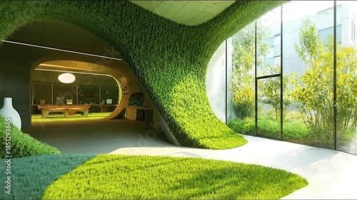 Modern office interior with green walls and natural light