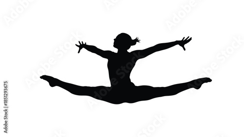 Silhouette of a gymnast performing a split leap with arms extended