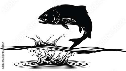 Black and white of a fish leaping out of water with splashes