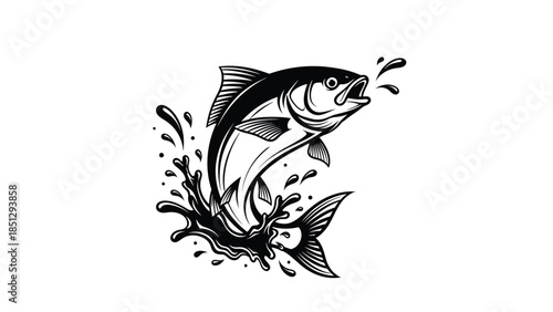 Black and white of a jumping fish with splashing water