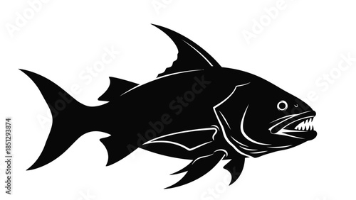 Black and white of a fish with prominent whiskers and sharp teeth