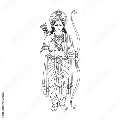 Hindu God Rama Holding Bow And Arrow Traditional Illustration Vector
