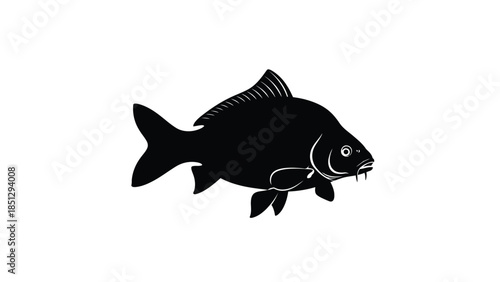 Black silhouette of a fish with whiskers swimming white