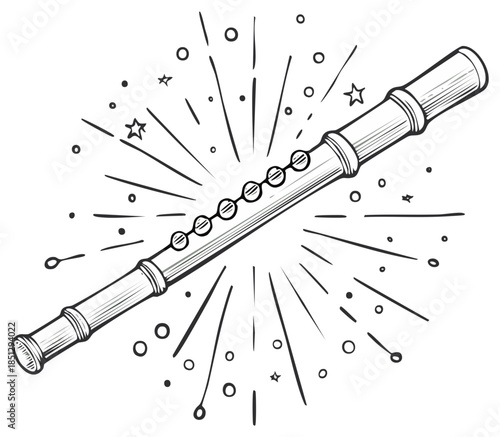 Drawing of Flute with Sparkles, Wind Instrument with Decorative Star Ornaments. Sketch of Musical Instrument