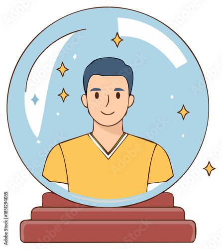Man's face inside a crystal ball with stars symbolizing future prediction