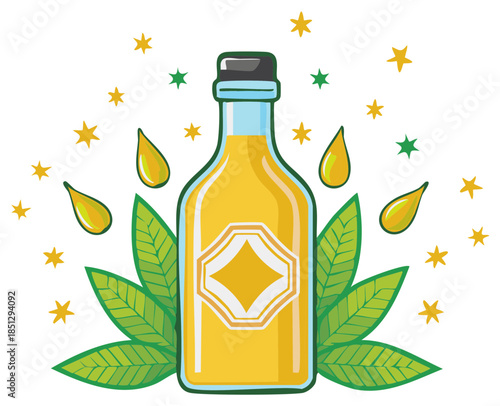 Decorative Bottle with Yellow Liquid, Leaves, Drops, and Stars Illustration