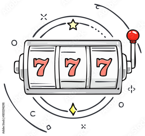 Cartoon slot machine hitting a lucky 777 jackpot win doodle illustration