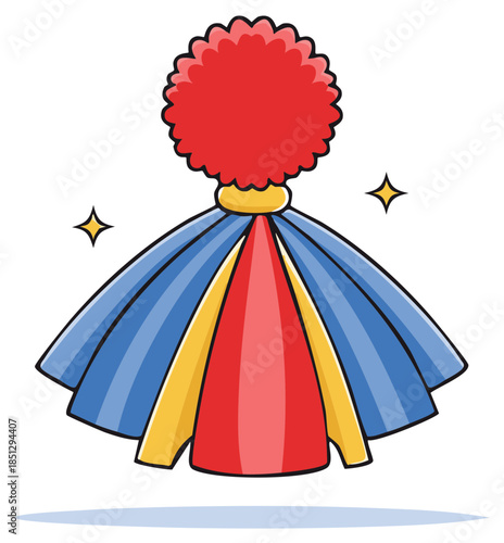 Cartoon image of a clown outfit, multicolored cape and red afro