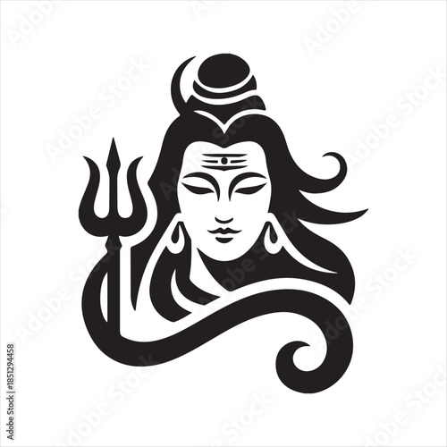Minimalist Line Art Portrait Of Hindu God Shiva With Trident And Snake Vector