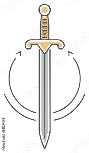 Stylized medieval sword with elegant golden hilt and blade featuring curved arrows signifying power and rotation