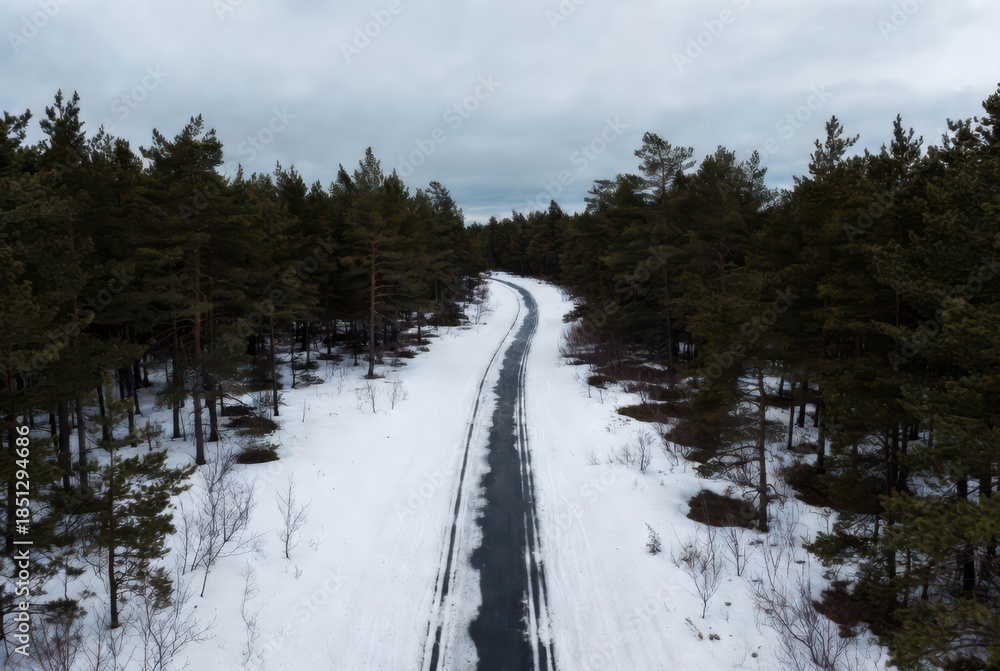 Obraz premium Snowy forest road with ski tracks under cloudy winter sky